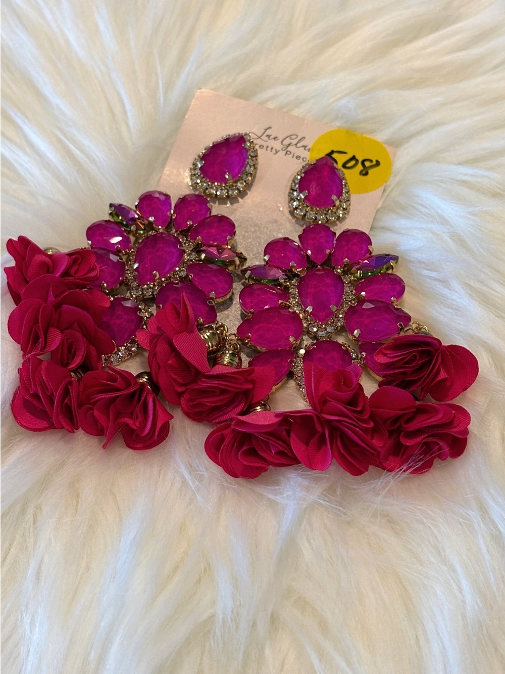 Glaze Fuchsia Crystal Floral Drop Earrings with Fabric Rosettes